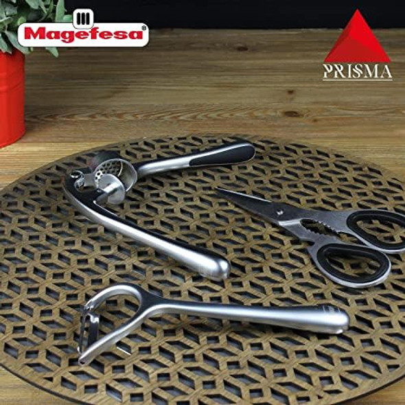 Magefesa Prisma 3-Piece Stainless Steel Kitchen Utensil Set – Includes Kitchen Scissors Oscillating Peeler & Garlic Press – Premium 18/10 Stainless Steel Dishwasher Safe Magefesa Prisma 3-Piece Stainless Steel Kitchen Utensil Set – Includes Kitchen Scissors Oscillating Peeler & Garlic Press – Premium 18/10 Stainless Steel Dishwasher Safe