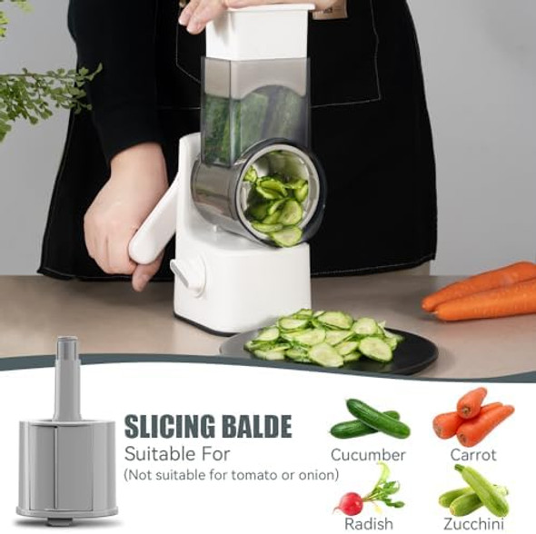 Safe Vegetable Mandoline Slicer Large Multifunctional Rotary Cheese Grater Hand Crank Easy Rotating Veggie Shredder Anti-Cutting 3 Interchangeable Blades (WhiteGrey) Safe Vegetable Mandoline Slicer Large Multifunctional Rotary Cheese Grater Hand Crank Easy Rotating Veggie Shredder Anti-Cutting 3 Interchangeable Blades (WhiteGrey)