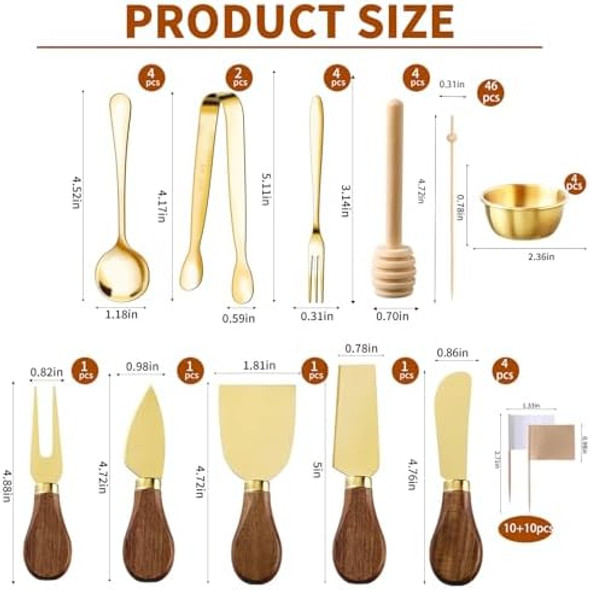46Pcs Charcuterie Boards Accessories Small Serving Utensil Set Cheese Butter Spreader Knives Mini Stainless Steel Cutlery Tong Spoon Fork Bowl Wooden Toothpick for Kitchen Wedding Christmas (Gold)