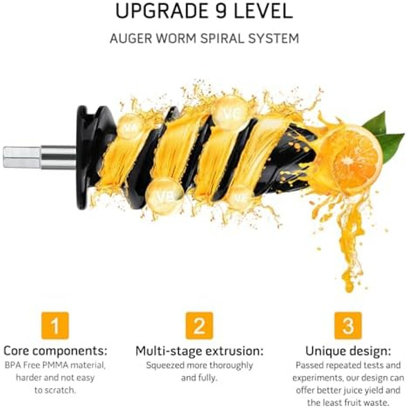 MegaWise Cold Press Slow Masticating Juicer – Quiet Motor Soft & Hard Modes Vegetable & Fruit Juice Extractor Easy-to-Clean Design High Juice Yield Black