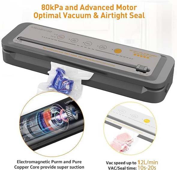 MegaWise Food Vacuum Sealer Machine – High-Power 80kPa Suction One-Touch Operation Built-in Cutter – Works with All Food Types Includes Bags & Hose (Black) Keeps Food Fresh 5x Longer