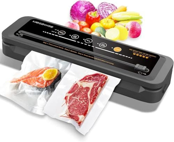 MegaWise Food Vacuum Sealer Machine – High-Power 80kPa Suction One-Touch Operation Built-in Cutter – Works with All Food Types Includes Bags & Hose (Black) Keeps Food Fresh 5x Longer