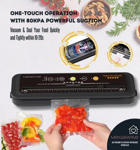 MEGAWISE Model B Vacuum Sealer Powerful & Compact One-Touch Automatic Food Sealer for Cold Wet Moist and Dry Foods Compatible with Thick Medium and Thin Bags OMNI MACHINE (Black)
