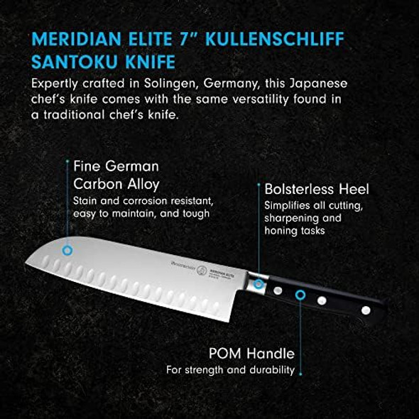 Messermeister Meridian Elite 7” Kullenschliff Santoku Knife - Japanese Chef’s Knife - German Steel Alloy Blade - Rust Resistant & Easy to Maintain