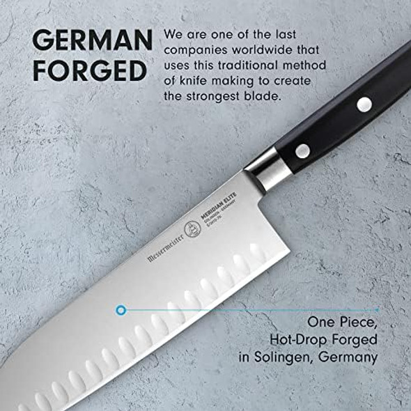 Messermeister Meridian Elite 7” Kullenschliff Santoku Knife - Japanese Chef’s Knife - German Steel Alloy Blade - Rust Resistant & Easy to Maintain