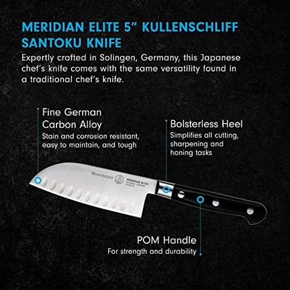 Messermeister Meridian Elite 5” Kullenschliff Santoku Knife - Japanese Chef’S Knife - German Steel Alloy Blade - Rust Resistant & Easy To Maintain