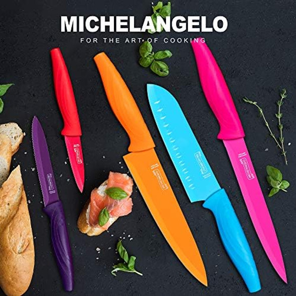 MICHELANGELO Knife Set Sharp 10-Piece Kitchen Knife Set with Covers Multicolor Knives Stainless Steel Knives Set for Kitchen 5 Rainbow Knives & 5 Sheath Covers