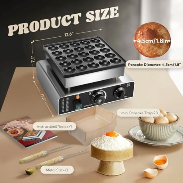 Moongiantgo Mini Dutch Pancake Maker 25PCS Commercial Non-stick Pancake Baker Machine 50-300℃ Electric Muffin Maker Stainless Steel for Home Kitchen Cafe or Restaurant 110V