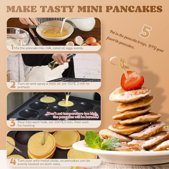 Moongiantgo Mini Dutch Pancake Maker 25PCS Commercial Non-stick Pancake Baker Machine 50-300℃ Electric Muffin Maker Stainless Steel for Home Kitchen Cafe or Restaurant 110V