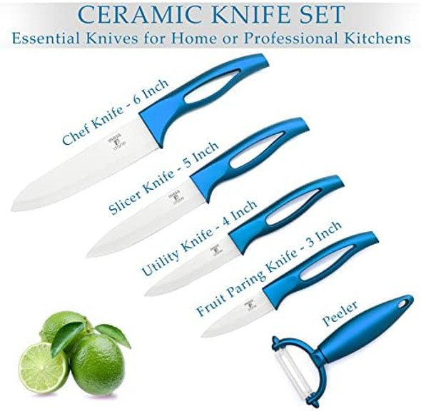 Moss & Stone Kitchen Cutlery White Ceramic Knife Set Ceramic Knife Set and Fruit Peeler Rust Proof & Stain Resistant Kitchen Cooking Knife Set 5 pieces Blue Knives