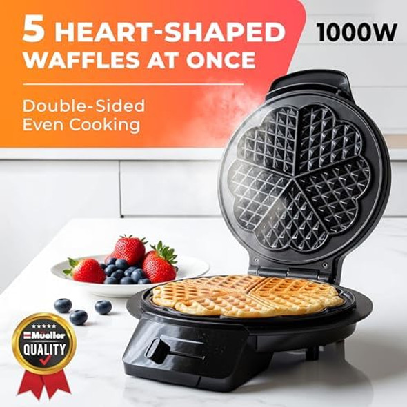Mueller Heart 5 Waffle Maker Norwegian Waffle Iron Adjustable Browning Control & Nonstick Cool Touch Handle Easy to Clean Small Kitchen Appliances