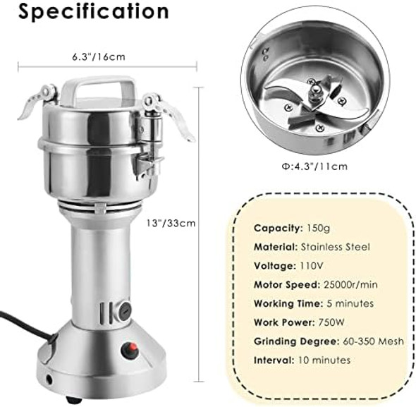 MYFULLY Electric Grain Mill Grinder High Speed Stainless Steel Pulverizer Mill Grinding Machine Cereals Corn Medicine Pearl Seasonings Spices Commercial Grade for Kitchen Grinding Machine (150g)