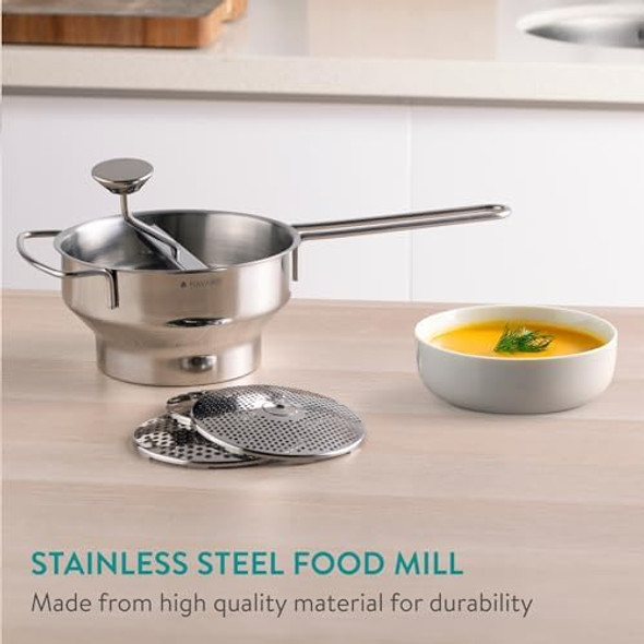 Navaris Food Mill - 8.1" Stainless Steel Rotary Food Mill with Hand Crank and 3 Grinding Discs - Grind & Puree Tomato Sauce Mashed Potatoes - or for Canning Applesauce