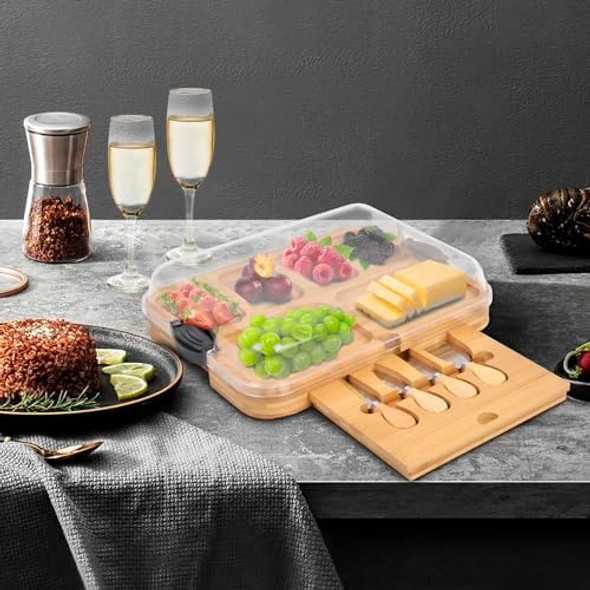 Charcuterie Board with Lid for Kitchen Cutting - Wooden Charcuterie Boards Set and 4pcs Knife Kit Large Cheese Boards with Handle Cheese Serving Containers House Warming Wedding s for Couple