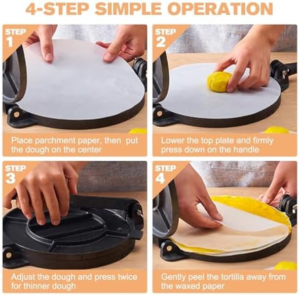 Cast Iron Tortilla Press Heavy Duty Tortilla Pataconera 10-inch Flour Tortilla Press with Foldable Handle Taco press with Some Parchment Paper Roti Maker Black