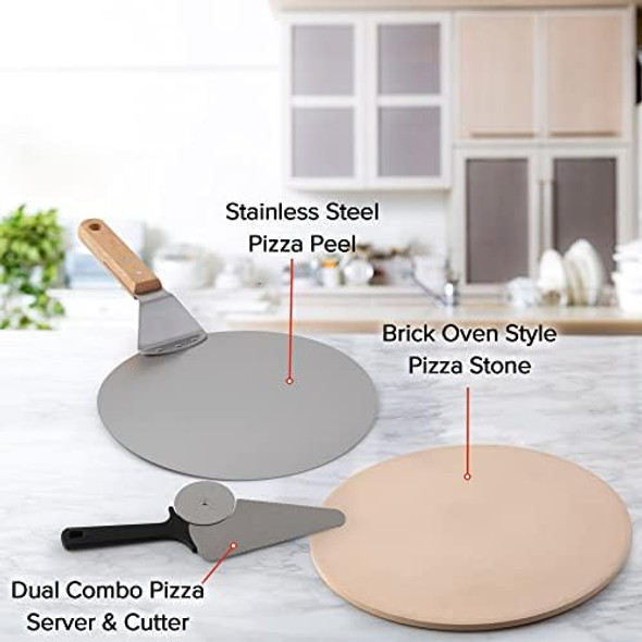 Nuwave Brick Oven-Style 3pc Pizza Kit 11.5” Cordierite Pizza Stone 10" SS Pizza Peel SS Pizza Cutter/Server For Indoor Electric Ovens Outdoor Gas Wood Fire Grills BBQ Grilling NuWave Bravo XL