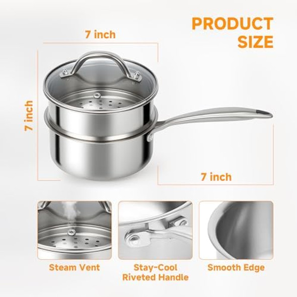 Ohtomber Stainless Steel Sauce Pan - Tri-Ply 1.5 Quarts Steamer for Cooking Small Cooking Pot with Steamer Basket Sauce Pan with Lid Non Stick Saucepan Induction Steam Pot for Vegetable Oatmeal