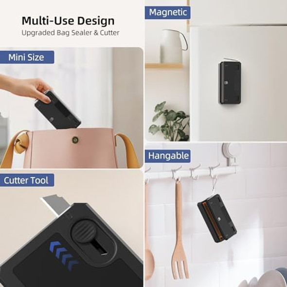 Mini Bag Sealer and Cutter Handheld Bag Sealer Heat Seal with 5 Seal Time Modes & 3.8" Heating Strip - Rechargeable Chip Bag Sealer - Bag Resealer for Chip Bags Snack Bags Plastic Bags - Black