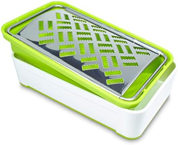 Seki Japan Box Cheese Grater with Container 18/8 Stainless Steel Blade for Cheese Vegetables and Bread Green&White