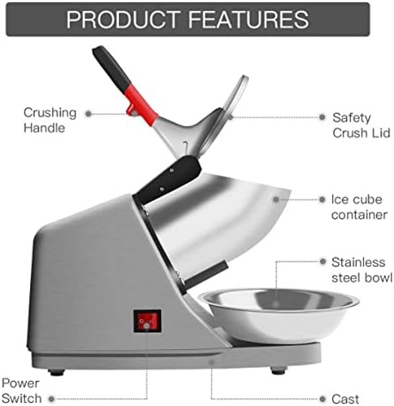 Shaved Ice Machine Snow Cone Machine Ice Crusher with Stainless Steel Blade Kitchen Electric for Shaved Ice and Snow Cone (300W 2000r/min) Also Comes with a Ice Pick and Ice Cube Tray