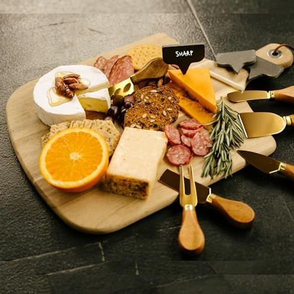 12-pc Gold Cheese Knife Set for Charcuterie Board - Cheese Knives + Slate Label + Soapstone - Stainless Steel Charcuterie Accessories Utensils Bamboo Handle - Charcuterie Boards Accessories