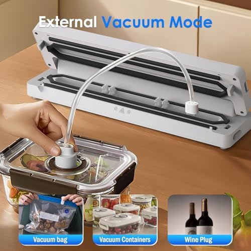 Powerful Vacuum Sealer Seal in 10-20 Seconds Dry Moist fruit (gentle) Modes with External Vacuum System With 300CM Bag Roll+5 Vacuum Bags One-Touch Automatic Built-in Cutter (Grey).