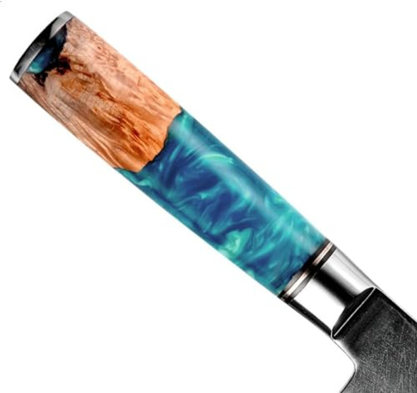 Kerie Santoku Knife Damascus Chef Knife Sharp Chef Kitchen Utility - Vg10 Stainless Damascus Chopping Knife - River Resin & Stabilized Wood Professional Razor Sharp Japanese Knife