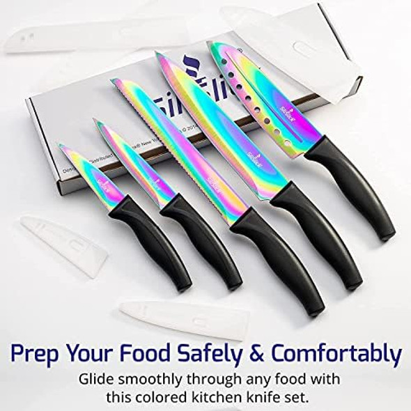 Rainbow Kitchen Knife Set Sharp Stainless Steel Knives with Titanium Coating Chef Bread Santoku Paring & Utility Includes Covers Ergonomic Black Handle