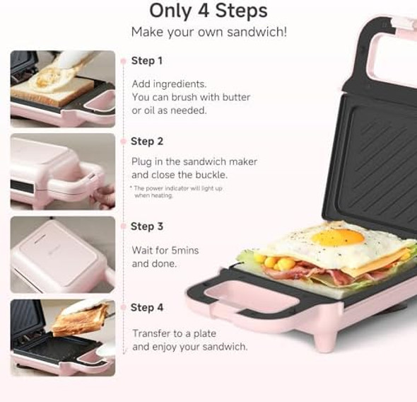 SIMPLUS Electric Sandwich Maker with Non-Stick Plates Indicator Lights Cool Touch Handle Easy to Clean and Store Perfect for Cooking Breakfast Grilled Cheese Tuna Melts and Snacks Pink