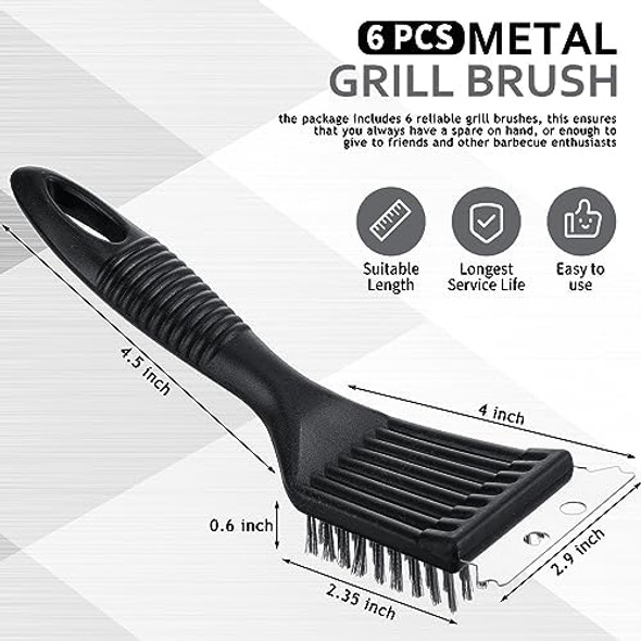 Sliner 6 Pcs 8 Inch Grill Brush with Scrap Black Scrubbing Stainless Steel Wire Grill Cleaner Brush BBQ Accessories for Indoor Outdoor Grate Remove Grease Burnt Food