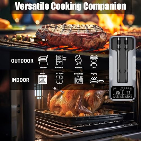 Dual-Probe Wireless Meat Thermometer for Grilling Smoking BBQ - Bluetooth Enabled Smart Grill Thermometer with 2 Probes Digital Food Thermometer 800ft Long Range Cooking Thermometer for BBQ/Grill