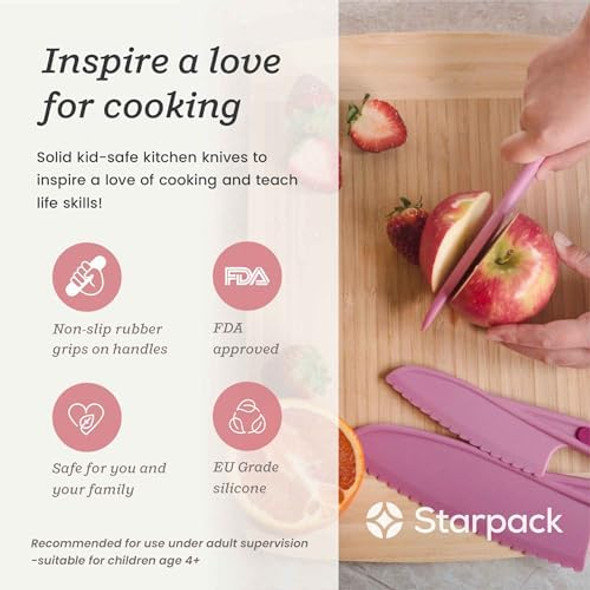 Starpack 'Finger Loving' Kid Safe Kitchen Knife Set of 3 - Kids Knife Set for Real Cooking - Serrated Edges Toddler Knives Set for 3+ Year Olds - Montessori Knive Set - BPA- Nylon Knives for Kids
