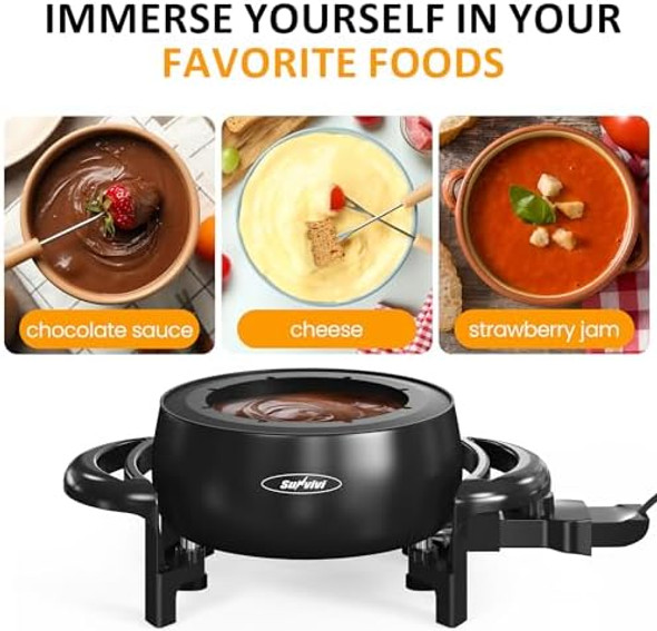 Sunvivi Electric Fondue Pot Set for Melting Chocolate Cheese 3 Quart Fondue Set with Adjustable Temperature Control and 8 Color-Coded Forks 1000W Non-Stick Fondue Maker for Dessert Oil and Broth