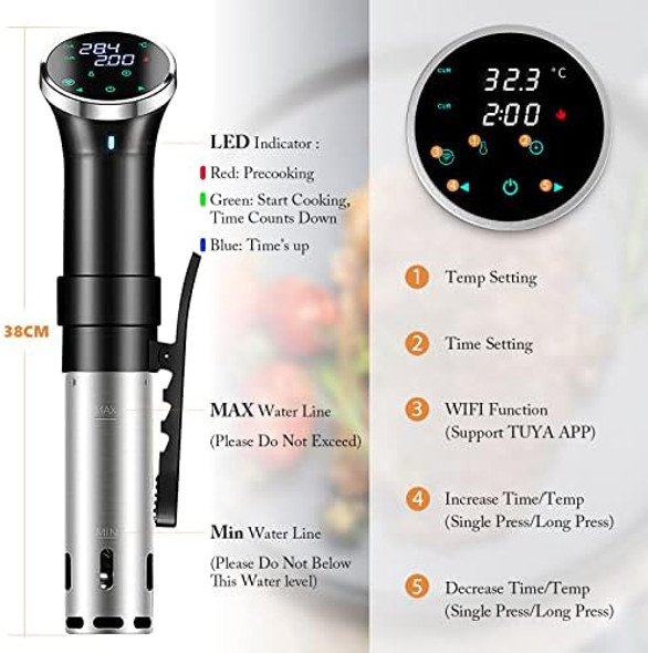 WiFi Sous Vide Cooker 1100W Precision Cooker Slow Water Bath Cooking Machine with Temperature Range 25-95℃ & Timer Control Thermal Immersion Circulator Sous Vide Stick for Party Home