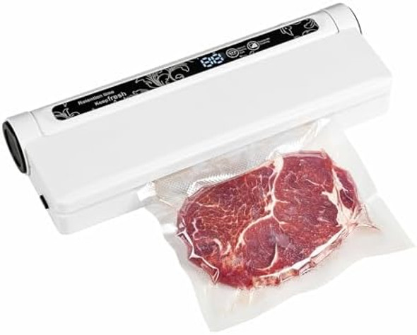 60KPA Compact Vacuum Sealer Machine for Food Storage & Meal Prep Food Sealer for Dry/Wet Food One-Touch Operation Includes 20 Bags (Space-Saving Design)