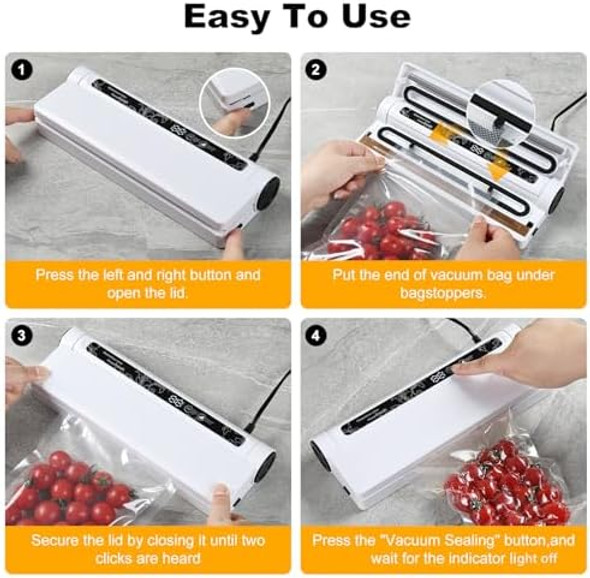 60KPA Compact Vacuum Sealer Machine for Food Storage & Meal Prep Food Sealer for Dry/Wet Food One-Touch Operation Includes 20 Bags (Space-Saving Design)