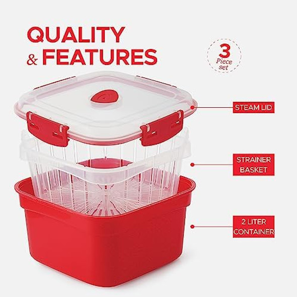 3 Piece Microwave Steamer Basket with Removable Strainer - 2 Liter Microwave Staemer for Vegetables Broccoli & Fish - BPA Veggie Steamer with Airtight Locking Lid 3 Piece Microwave Steamer Basket with Removable Strainer - 2 Liter Microwave Staemer for Vegetables Broccoli & Fish - BPA Veggie Steamer with Airtight Locking Lid