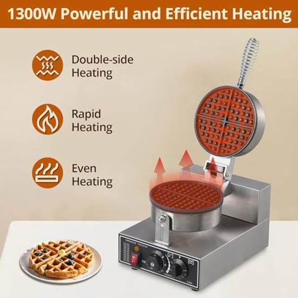 Commercial Waffle Maker Electric Waffle Iron Non-Stick Waffle Maker Machine Round Waffle Maker With Time Control Temperature Adjustable 110V 1300W