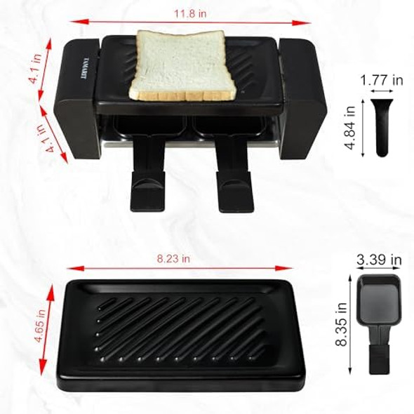 TAMARIT Raclette Grill for 2 Person Compact Indoor Electric Korean BBQ Grill 450W Portable Tabletop Grill with Non-Stick Iron Plate and 2 Cheese Pans Ideal for Small Kitchen or Apartment Black/Small