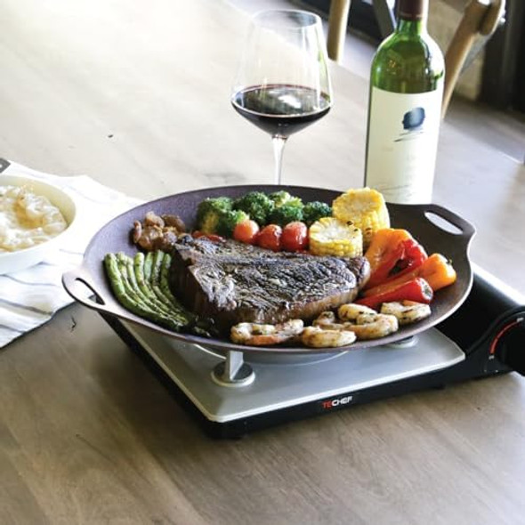 TECHEF - 14-inch Nonstick Round Griddle Grill Pan for Korean BBQ/Teppanyaki Pan Tawa Roti Pan/Induction Ready/Made in Korea (Griddle with Rack)