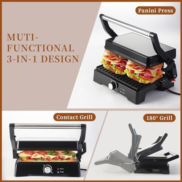 Panini Press Grill Sandwich Maker Large Electric 3 in 1 Panini Sandwich Maker Grill Open 180 Degrees for Grill Indoor Perfect for Grilling Steaks Burger Sandwich Non-stick Pan