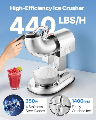 VEVOR Ice Crusher Machine 440lbs Per Hour Electric 4 Blades Snow Cone Maker All Stainless Steel Shaved Ice Machine with Bowl and Cover 350W 1400RPM Ice-Shaver for Home and Commercial Use Silver