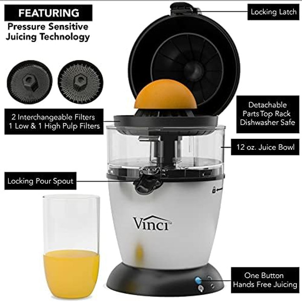 Vinci Hands Electric Citrus Juicer 1-Button Juicer Machine Orange Lime Grapefruit Lemon Squeezer Easy to Clean Orange Juicer Squeezer Black/Stainless Steel
