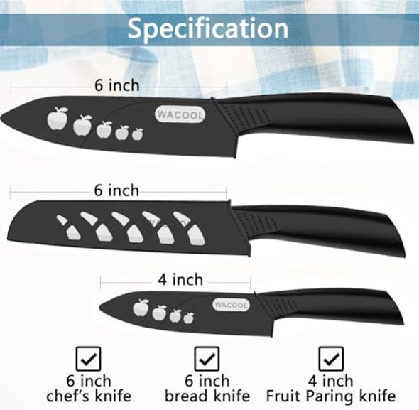 WACOOL Ceramic Knife Set 3-Piece (Includes 6-inch Chef's Knife 5-inch Utility Knife and 4-inch Fruit Paring Knife) with 3 Knife Sheaths for Each Blade (Black Blade)