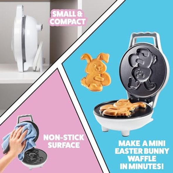 Easter Bunny Mini Waffle Maker - Make Holiday Breakfast Special for Kids & Adults w Cute Bunny Waffles or Pancakes- Individual 4 Inch Waffler Iron Fun Easter Basket Stuffer or Egg Hunt Surprise