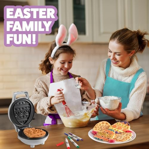 Mini Easter Egg Waffle Maker- Make Holiday Morning Breakfast Special - Includes 4 Edible Food Markers for Optional Extra Decorating Fun - Easter Bunny Basket Stuffer Egg Hunt Surprise for Kids