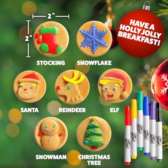 Christmas Holiday Waffle Maker w 6 Edible Food Markers- Make X-Mas Breakfast Fun w Delicious Decorated Pancakes or Waffles- Electric Nonstick Waffler Iron Fun for Kids & Adults Family Activity