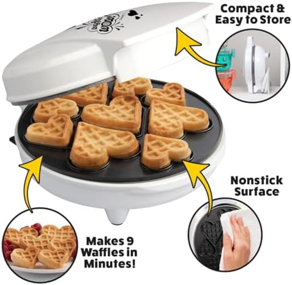 Mini Hearts Waffle Maker- Make 9 Heart Shaped Waffles or Pancakes for Special Breakfast Love w Electric Nonstick Iron- Unique Treat for Kids Adults- Waffler Griddle Includes Recipe Guide- for Her
