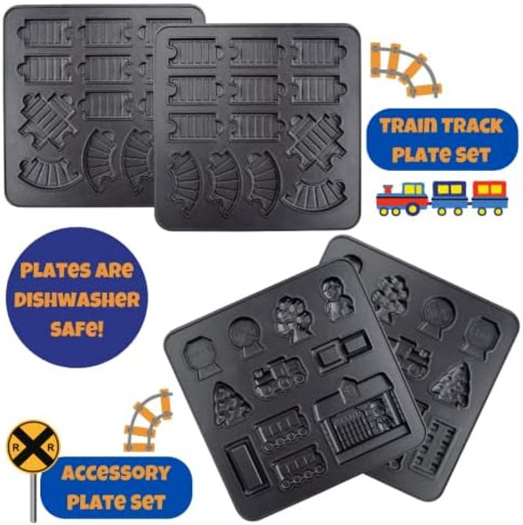 Train Set Waffle Maker- Build Waffle or Pancake Shaped Tracks Cargo Cars Signs Station- Fun Family Breakfast Electric Nonstick Waffler Iron w 4 Removable Dishwasher Safe Plates Recipes- Kids