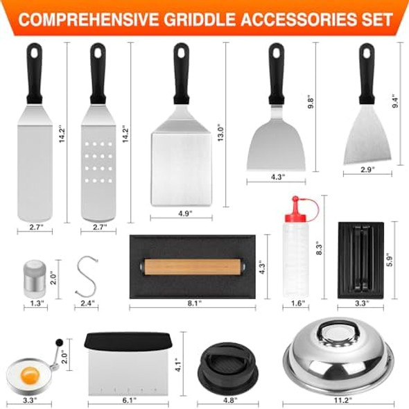 Griddle Accessories Kit 25PCS Flat Top Grill Accessories Set for Blackstone and Camp Chef Grill Spatula Set with Enlarged Spatulas Basting Cover Scraper Carry Bag for Outdoor BBQ